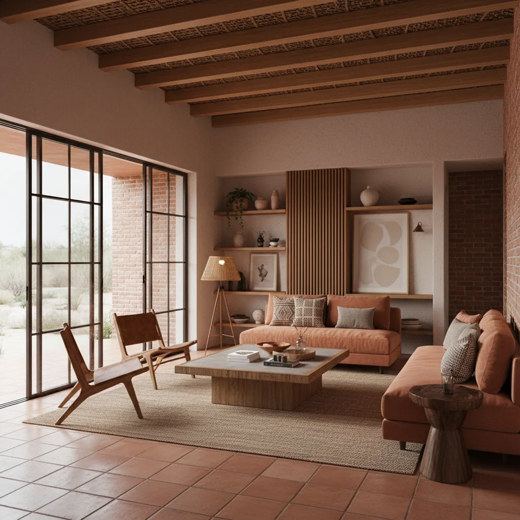Render realista de diseño interior mexicano contemporáneo