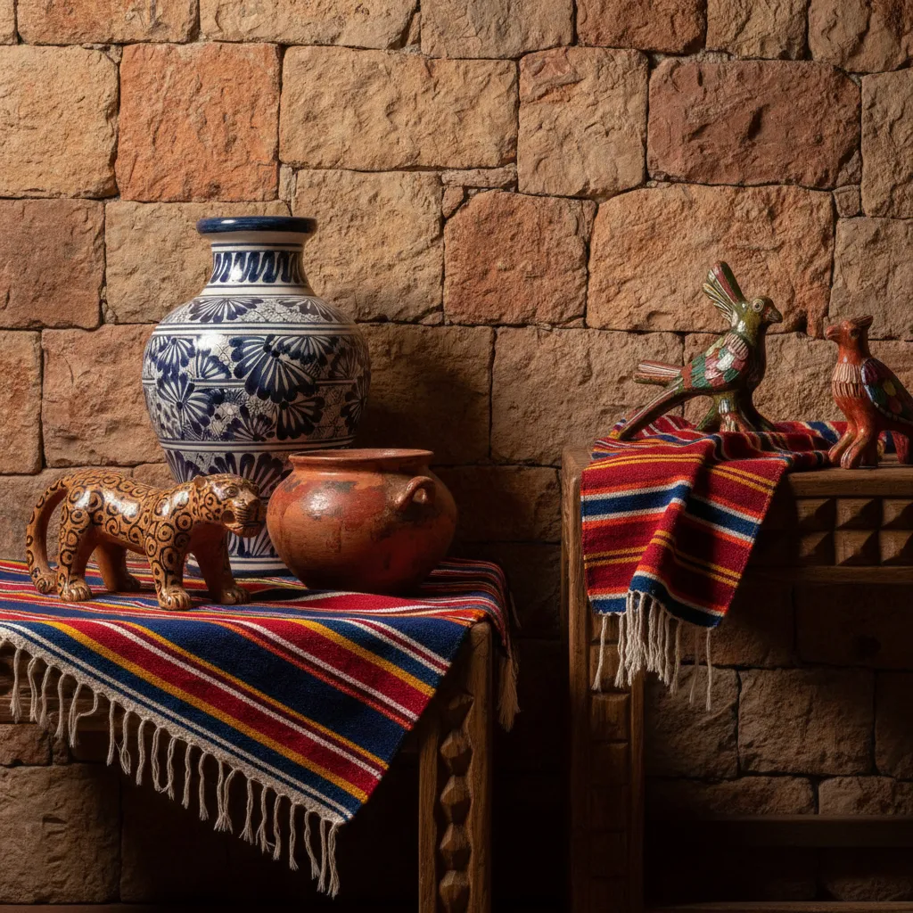 Mexican decor featuring blue and white vase clay pot and animal figures on striped fabric