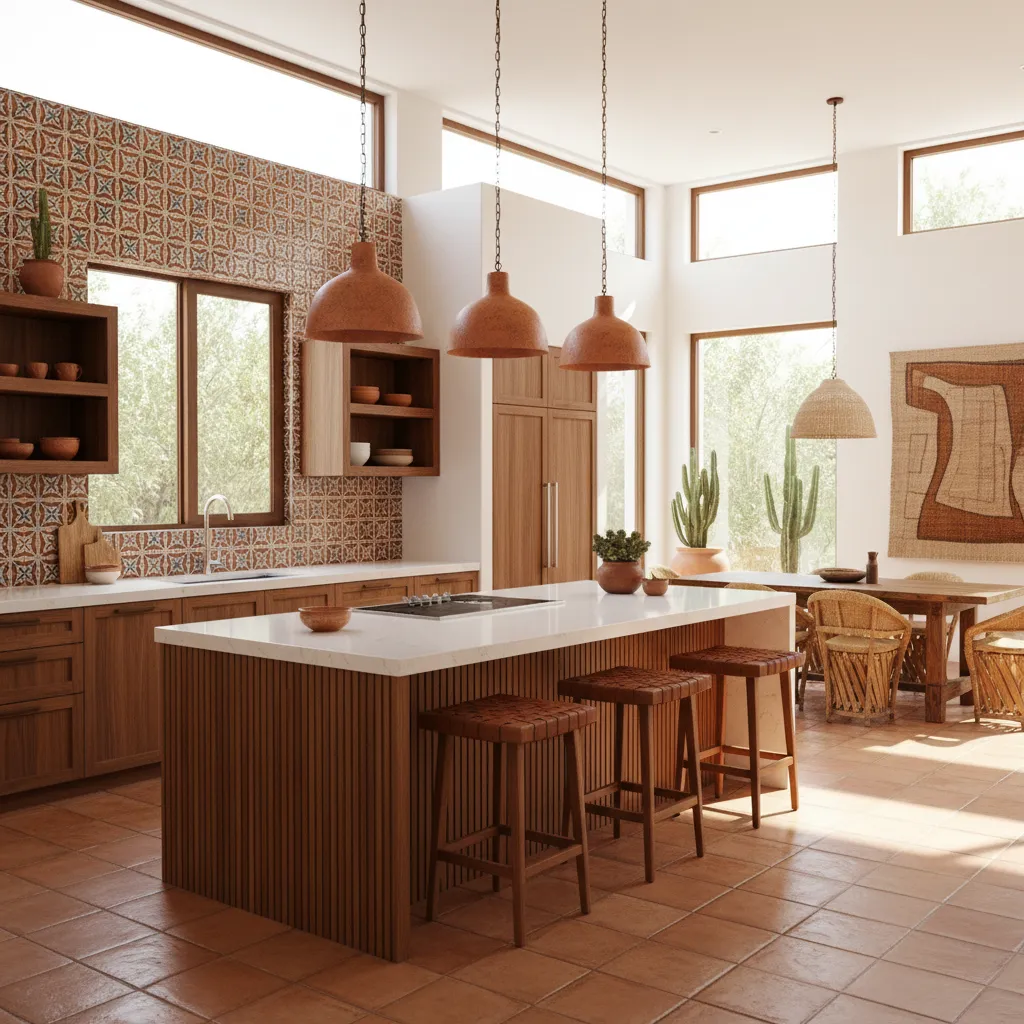 Cocina mexicana moderna con isla central y materiales naturales