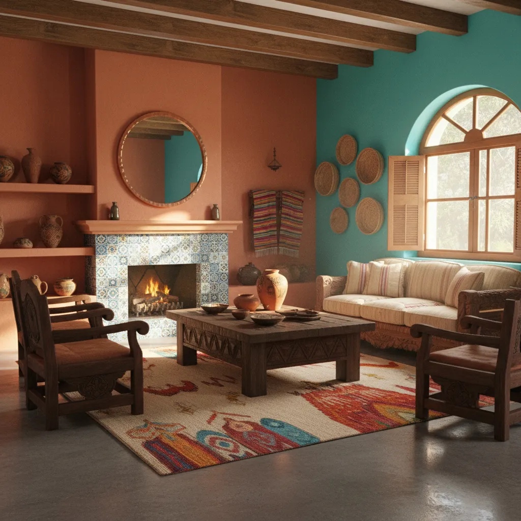Colorful Mexican style living room with handcrafted decor and rustic furniture
