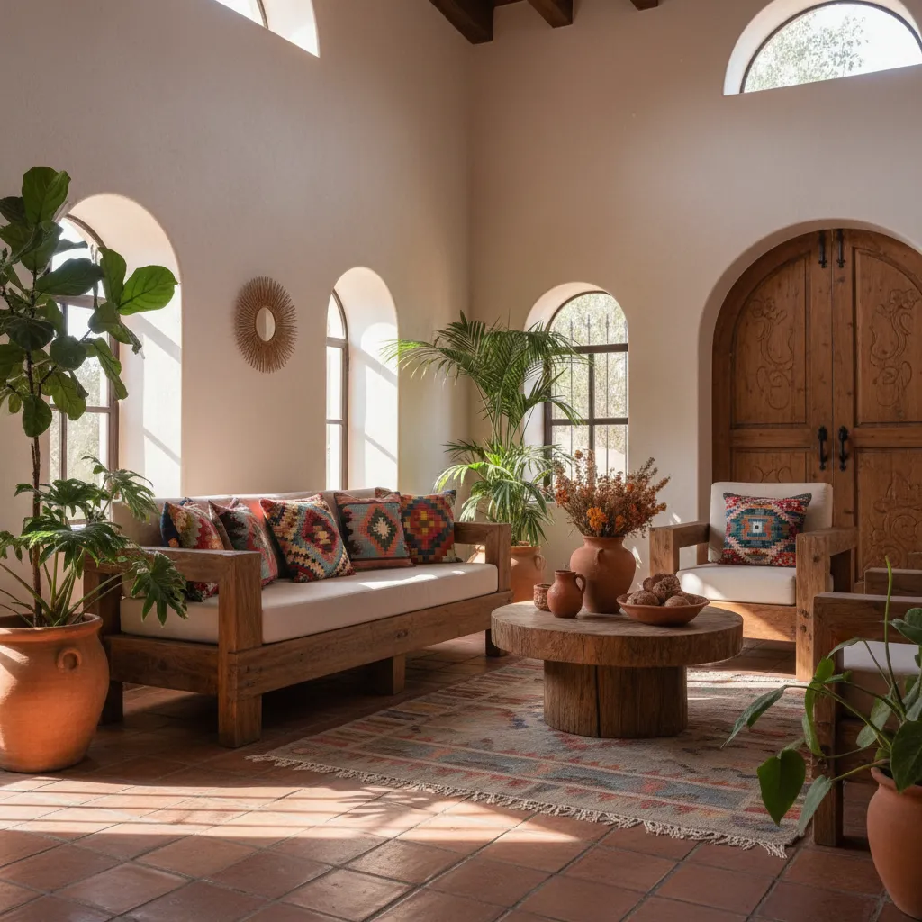 Sala de estar con decoración mexicana, paredes claras, muebles de madera y textiles artesanales