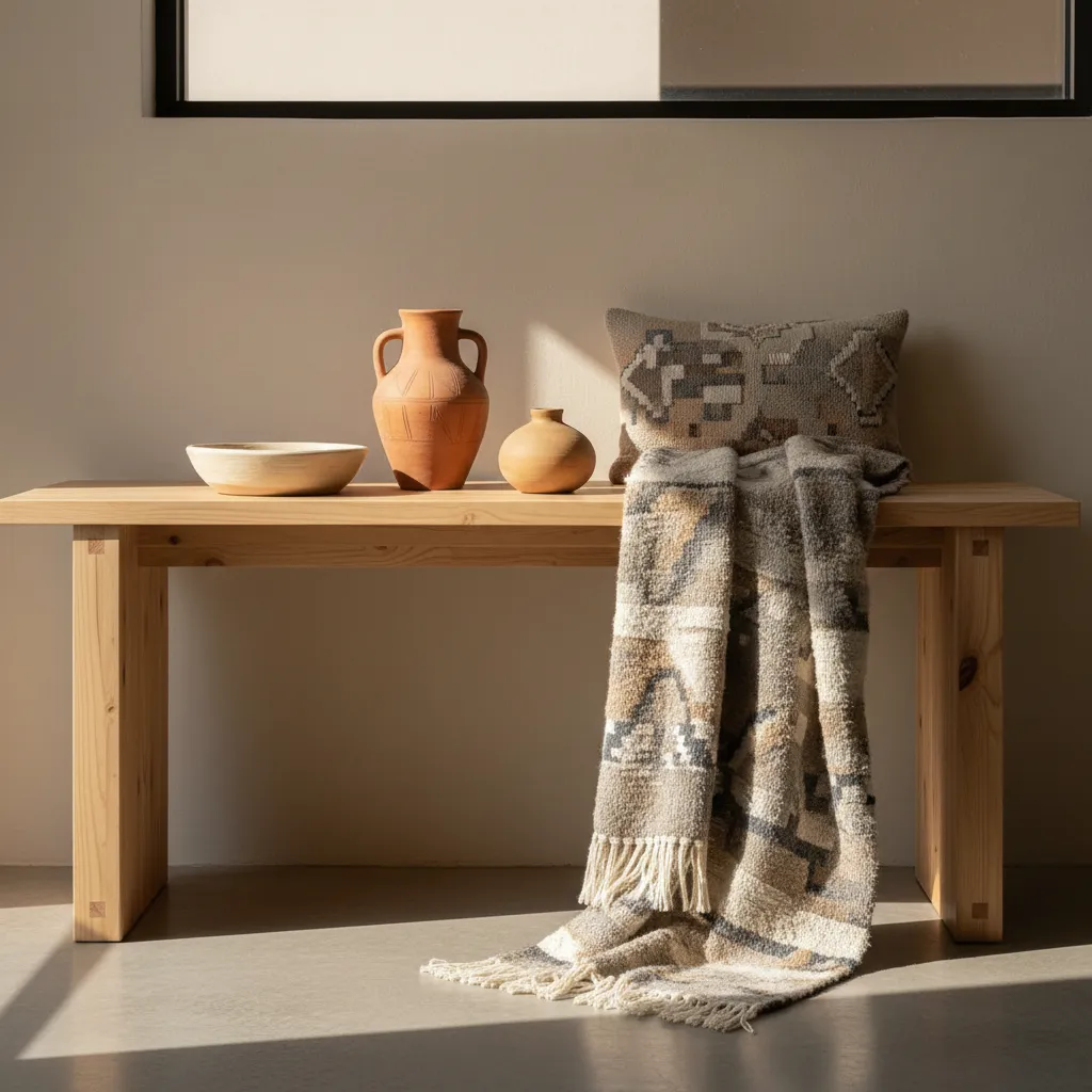 Interior mexicano contemporáneo con madera, barro y textiles artesanales