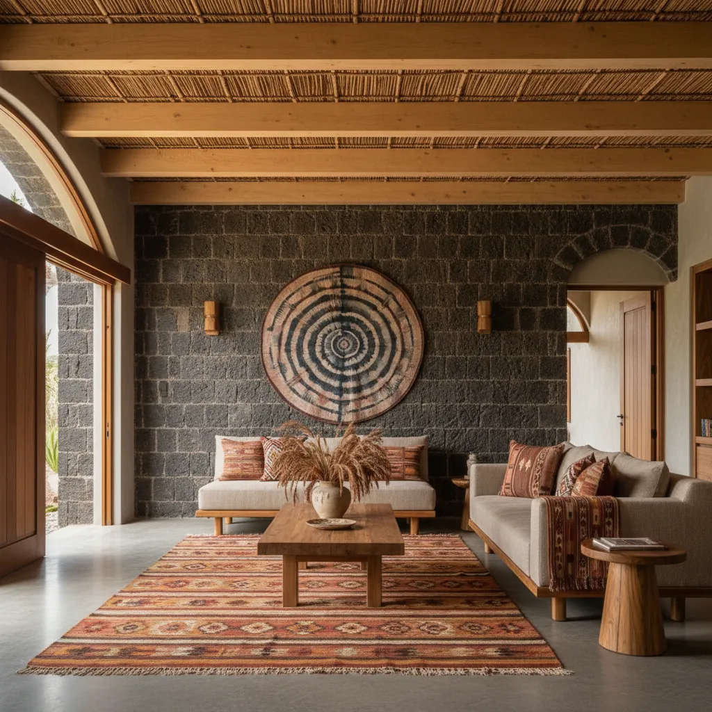 Interior con piedra volcánica, madera y textiles artesanales