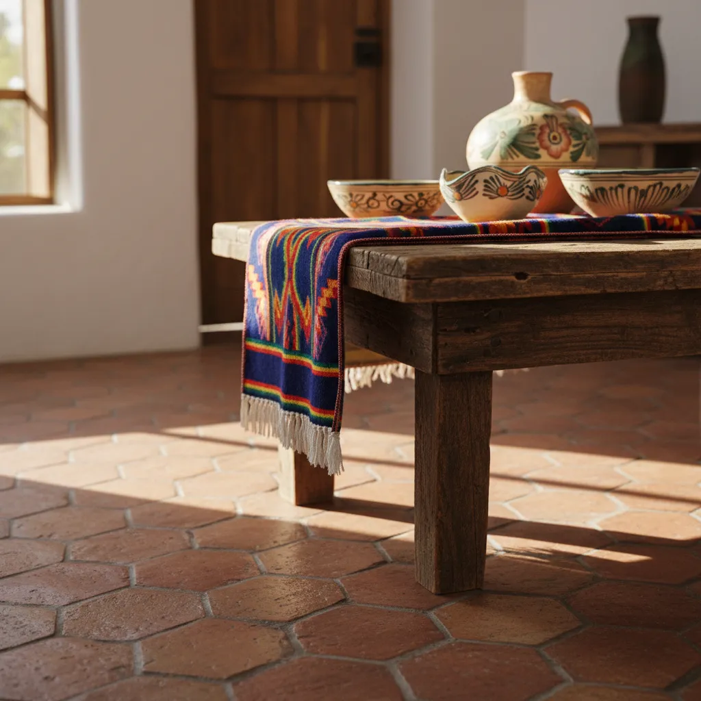 Detalle de materiales mexicanos como madera, barro y textiles artesanales