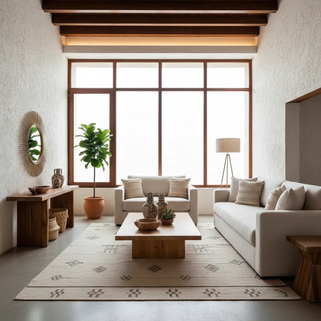 Minimalist living room with cream sofa, wooden coffee table, large windows, potted plant, and beams