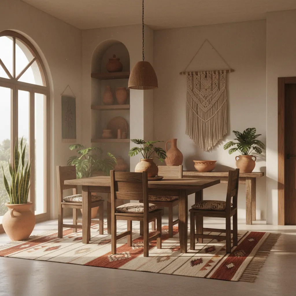Mexican decor elements like clay pottery wood furniture and plants in a balanced interior