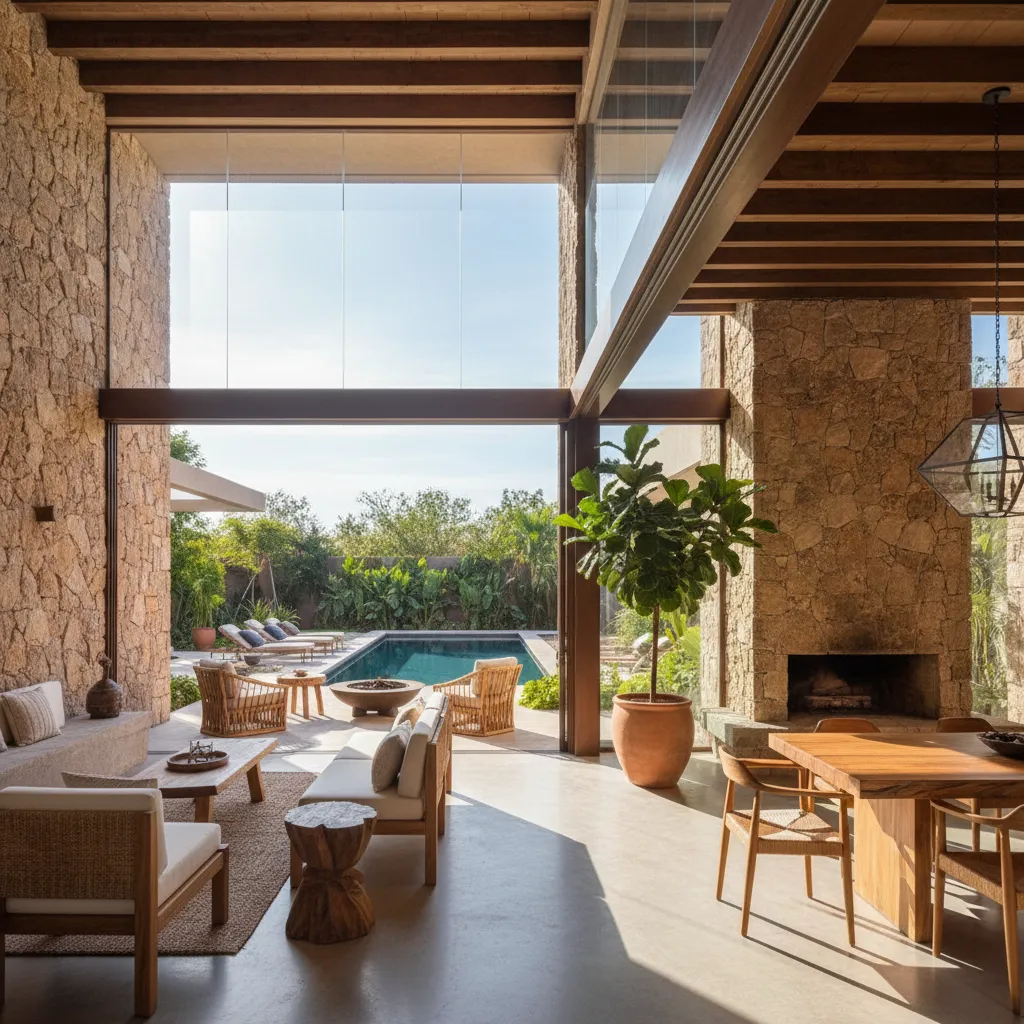 Modern open living area with stone walls, wooden dining table, and view of outdoor pool