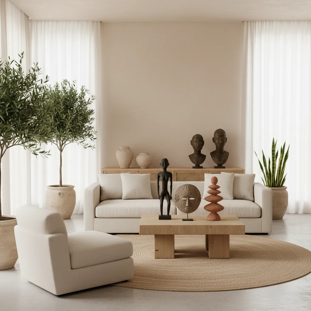 Interior moderno minimalista combinado con esculturas africanas