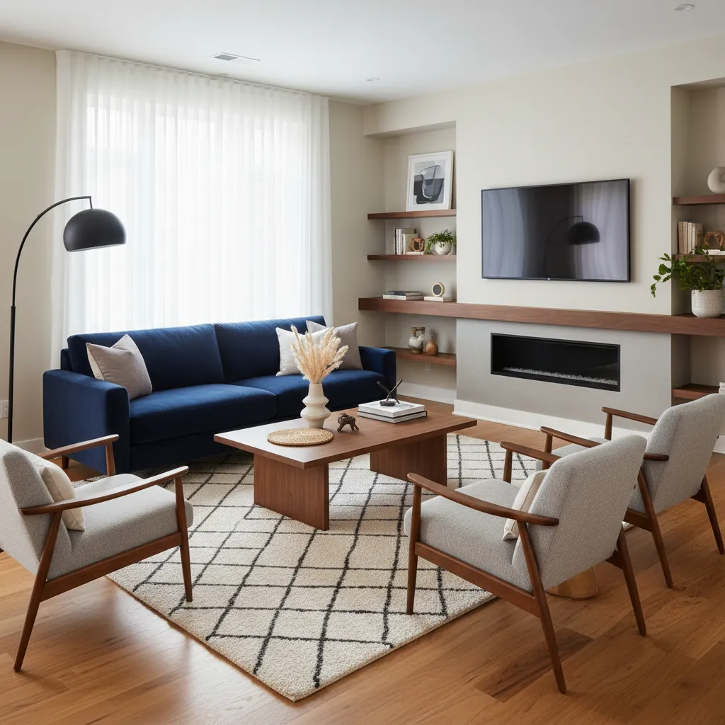 Salón moderno que mezcla madera cálida con sofá azul oscuro