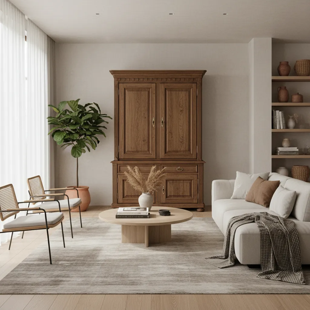 Interior que combina muebles modernos con una pieza antigua
