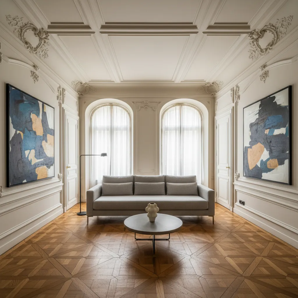Salón de casa antigua con molduras clásicas y sofá moderno