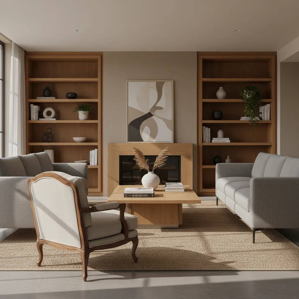 Warm living room with two grey sofas wooden coffee table fireplace and tall wood shelves