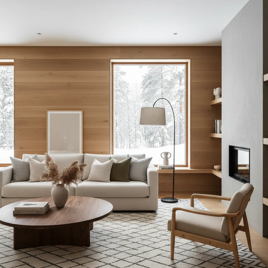 Beige sofa and round coffee table near wooden wall panels with window showing snowy winter