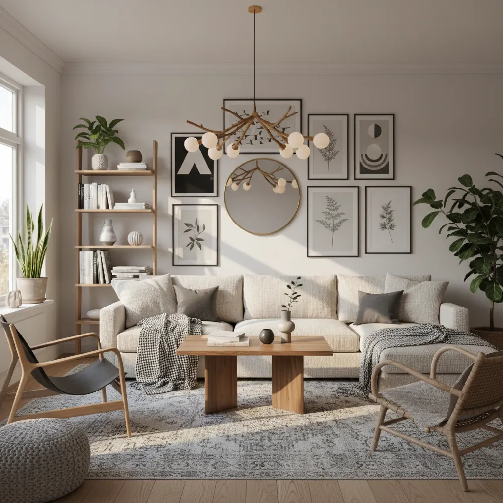 Interior que combina estilo moderno con elementos nórdicos y rústicos