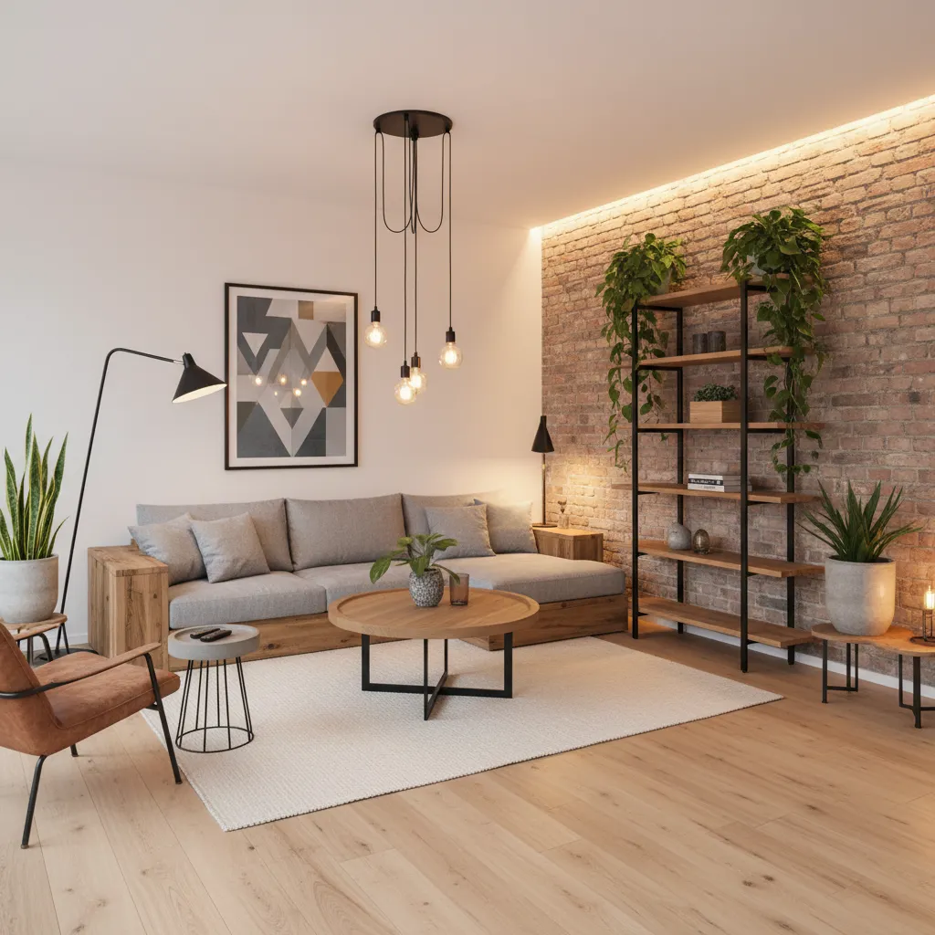 Modern living room with a grey sofa brick wall wooden shelving unit and ceiling light
