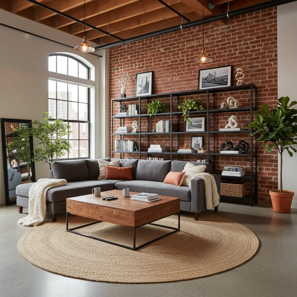 Industrial living room with brick wall black metal shelf grey sofa wooden coffee table rug