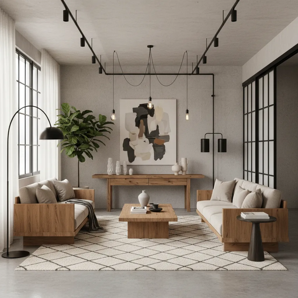Salón moderno que mezcla estilo Japandi e industrial