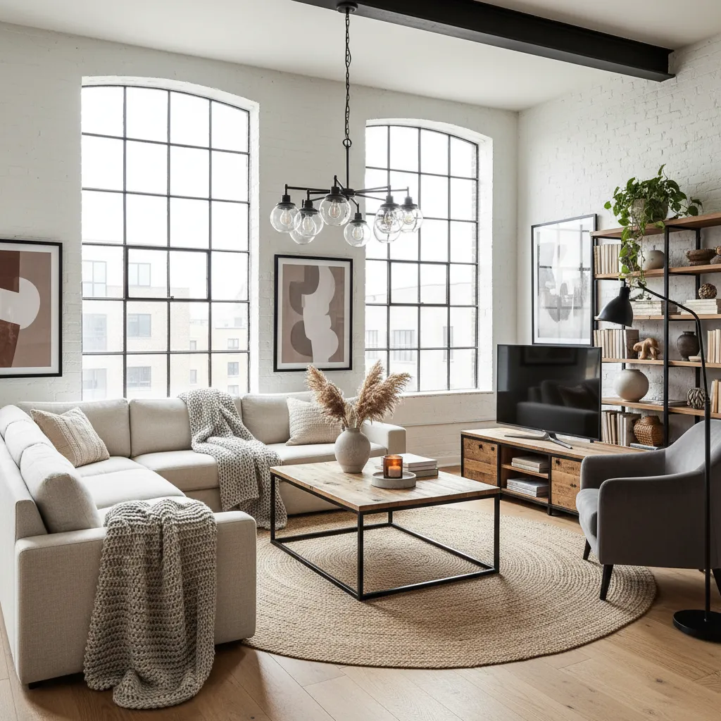 Salón con mezcla equilibrada de estilo nórdico e industrial