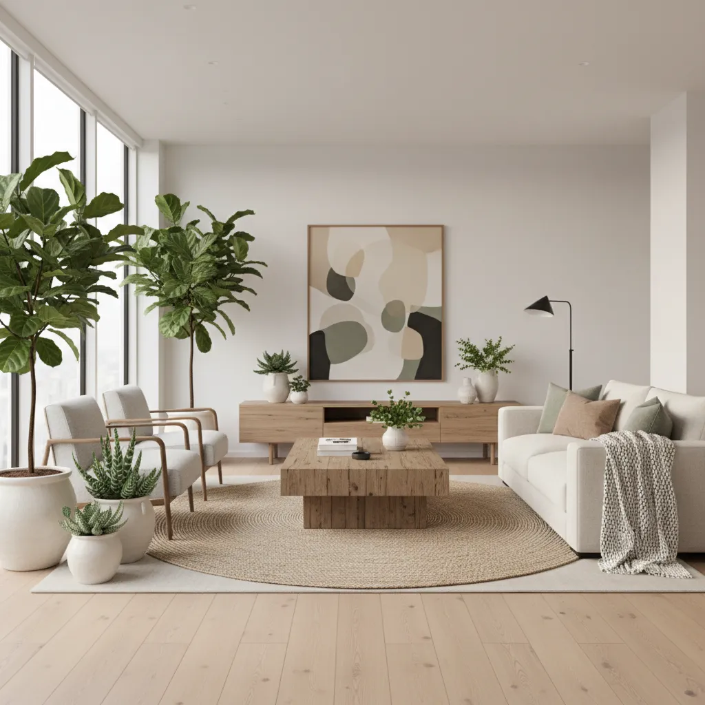 Sala con mezcla equilibrada de estilo moderno y natural