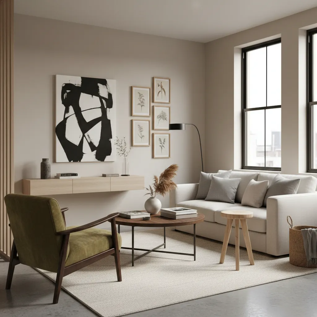 Salón que mezcla minimalismo moderno con piezas vintage