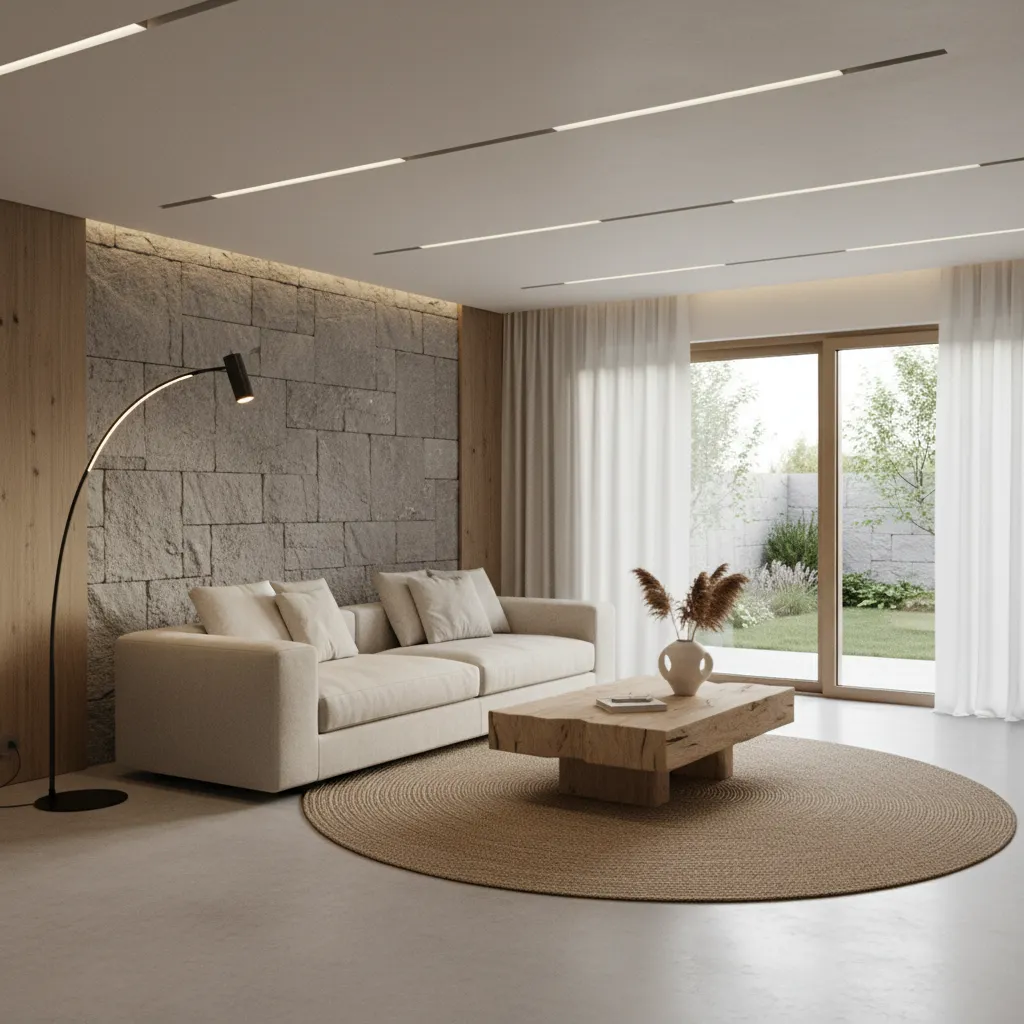 Interior moderno que mezcla minimalismo y materiales orgánicos