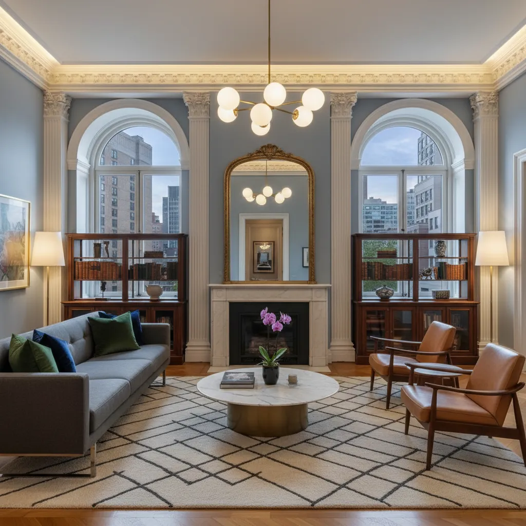 Living room with blue walls, fireplace, gold mirror, grey sofa, leather chairs, and ceiling light
