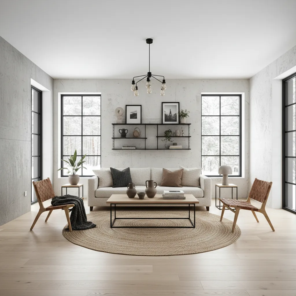 Modern living room with white sofa wooden coffee table round rug black ceiling light and view