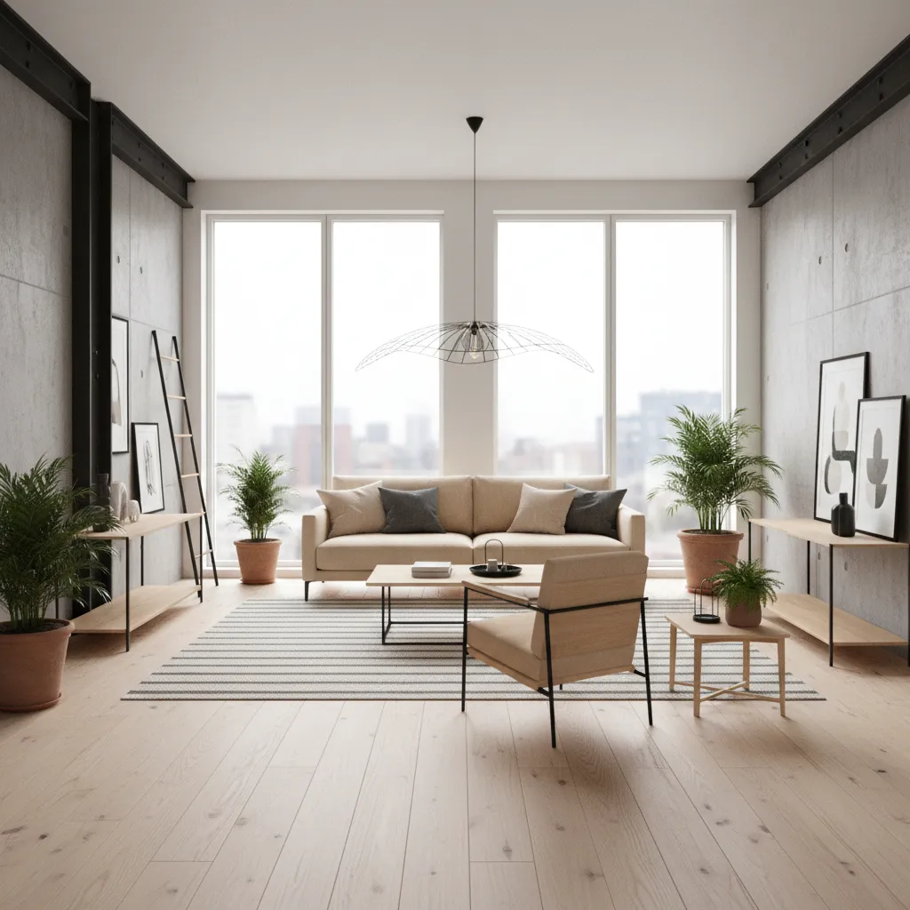 Modern living room featuring beige sofa green plants large windows ceiling light and wooden floor