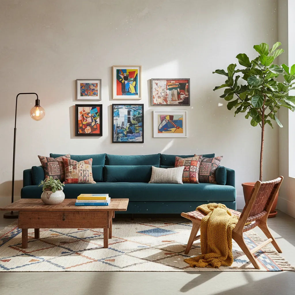Eclectic living room with teal sofa, wall art, wood coffee table, patterned rug, tall plant.