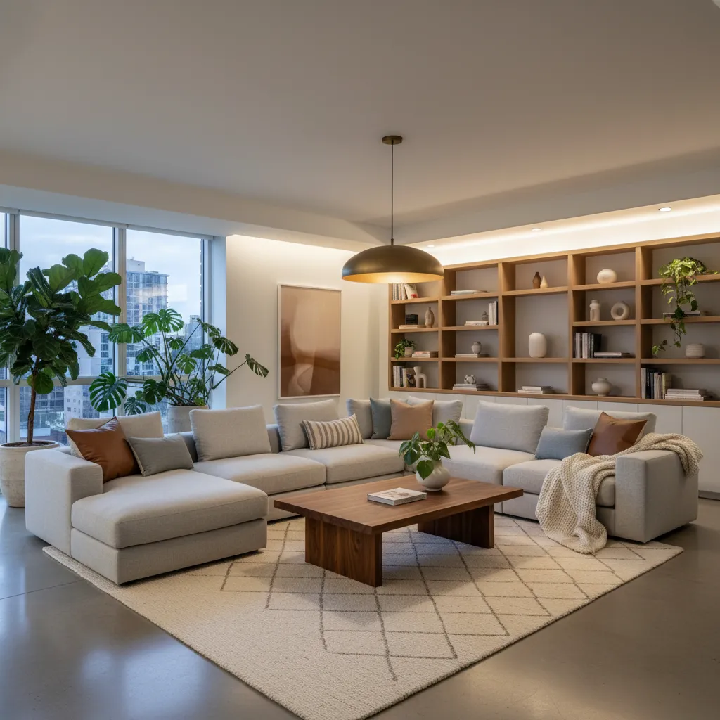 Salón con muebles simples combinados con mesa de madera y textiles naturales