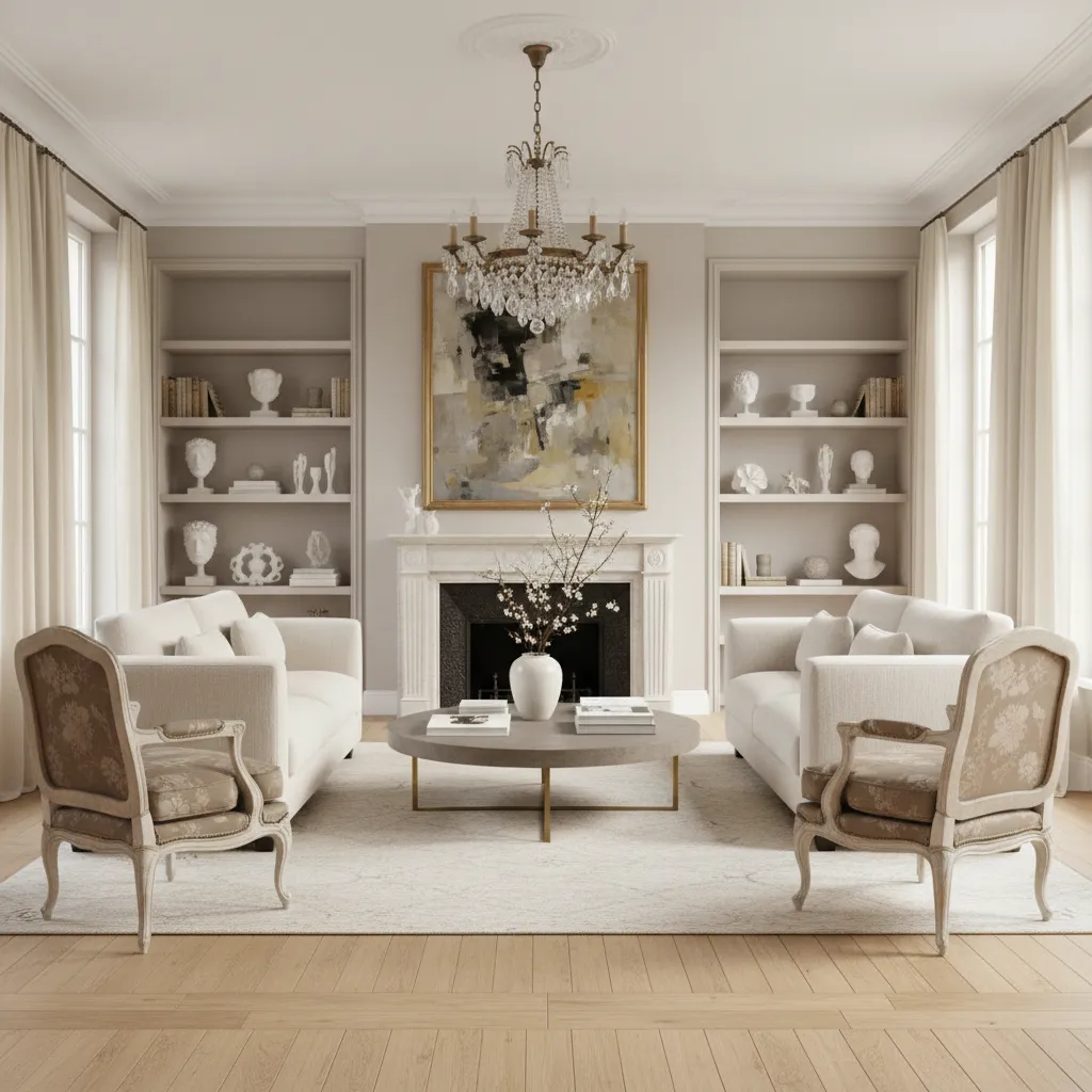 Elegant living room with white sofas round coffee table fireplace wall painting and ceiling light