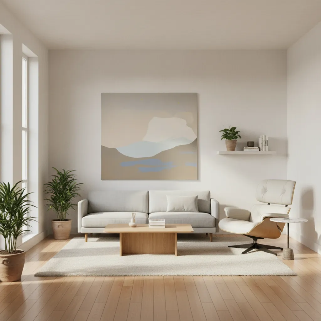 Interior con mezcla equilibrada de muebles simples y piezas de diseño