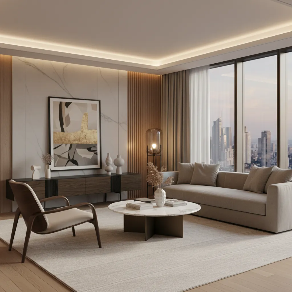 Interior de lujo con combinación equilibrada de muebles icónicos y neutros