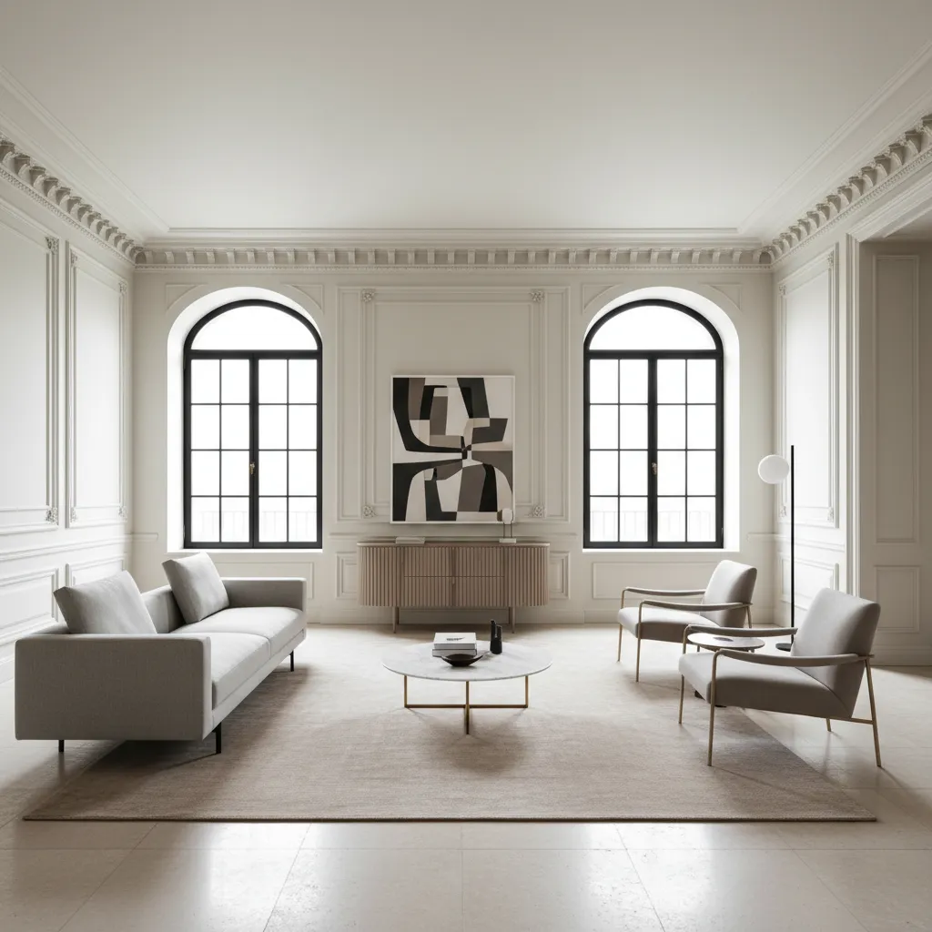 Interior donde muebles modernos contrastan con paredes clásicas