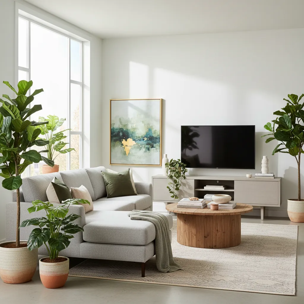 Bright living room with grey sofa wooden coffee table large green plants and wall art