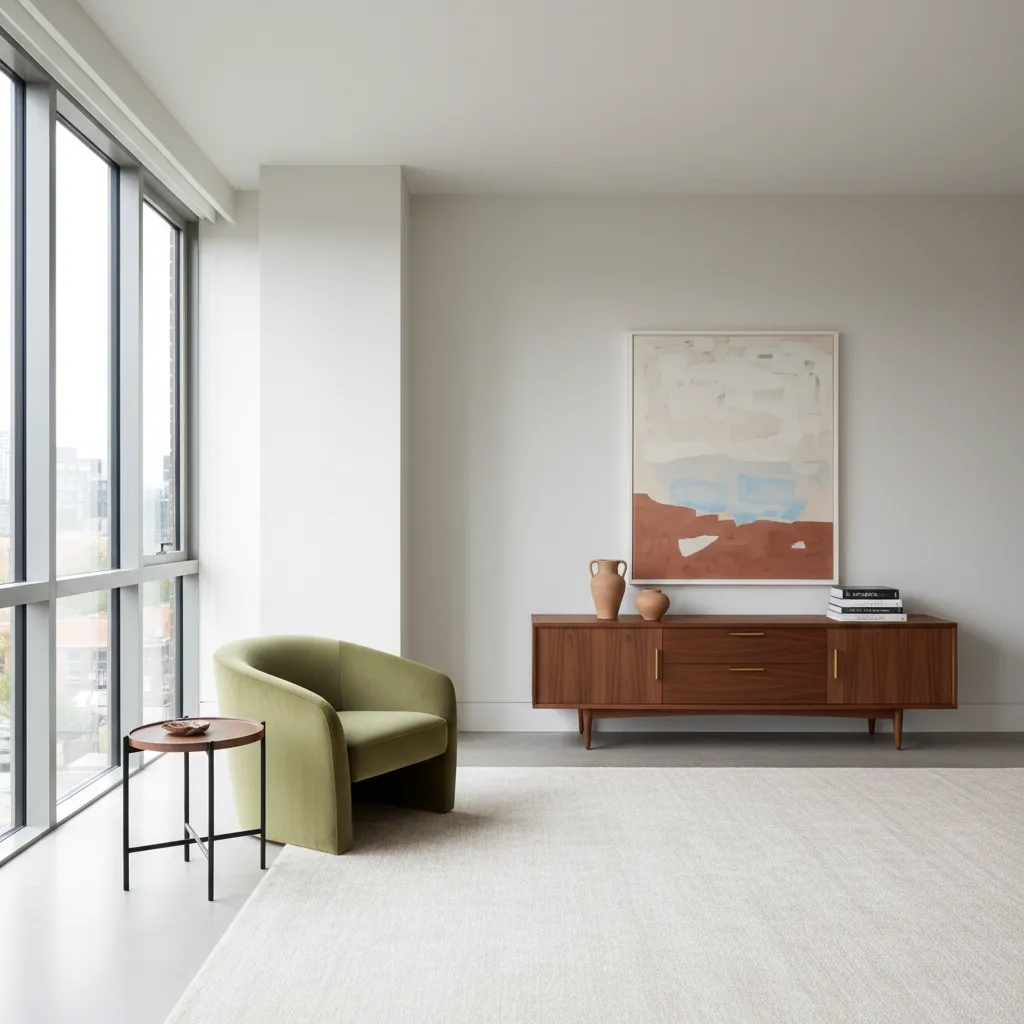 Minimalist living room with green armchair small side table wooden cabinet abstract painting and large windows