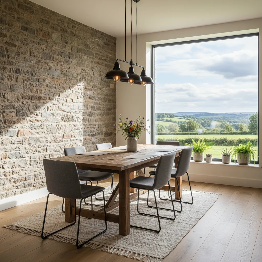 Dining area with stone wall wooden table grey chairs black ceiling light and big window