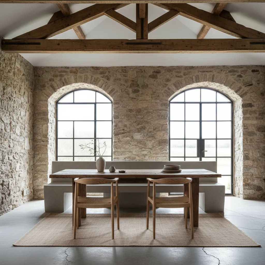 Combinación de muebles modernos con arquitectura rústica