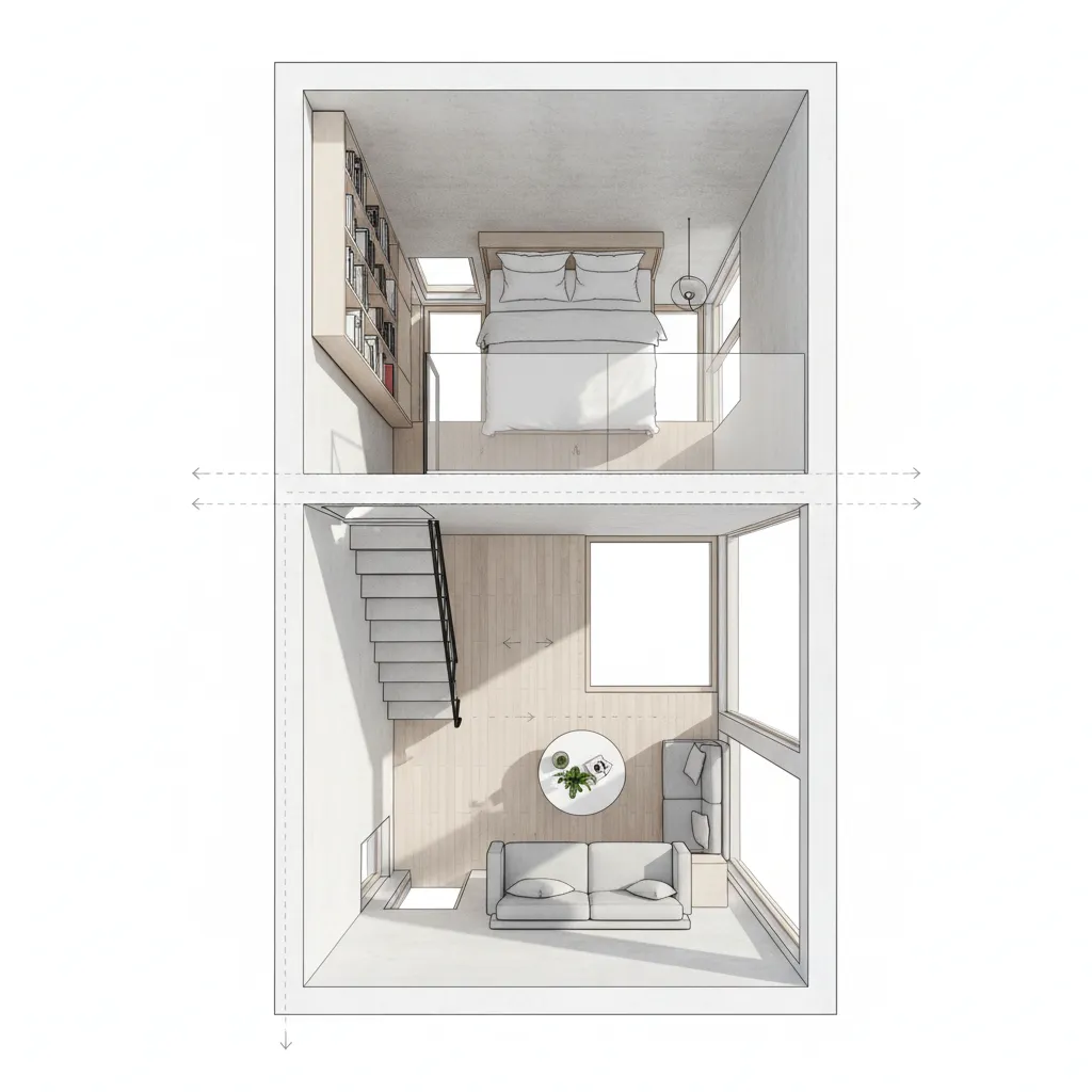 Sơ đồ bố trí gác lửng trong nhà 15m2 với khu ngủ phía trên
