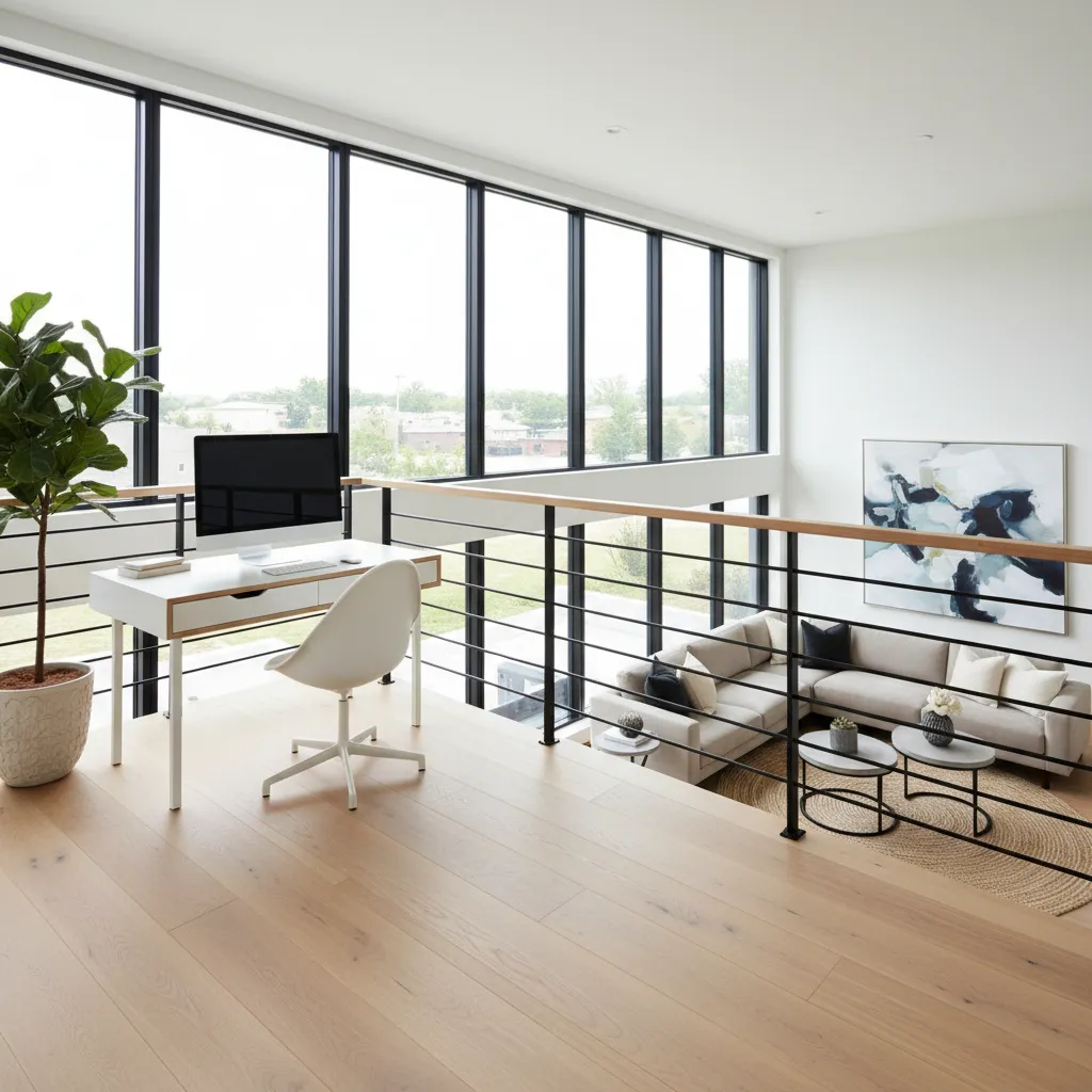 Home office on mezzanine floor with white desk and computer overlooking a modern living room