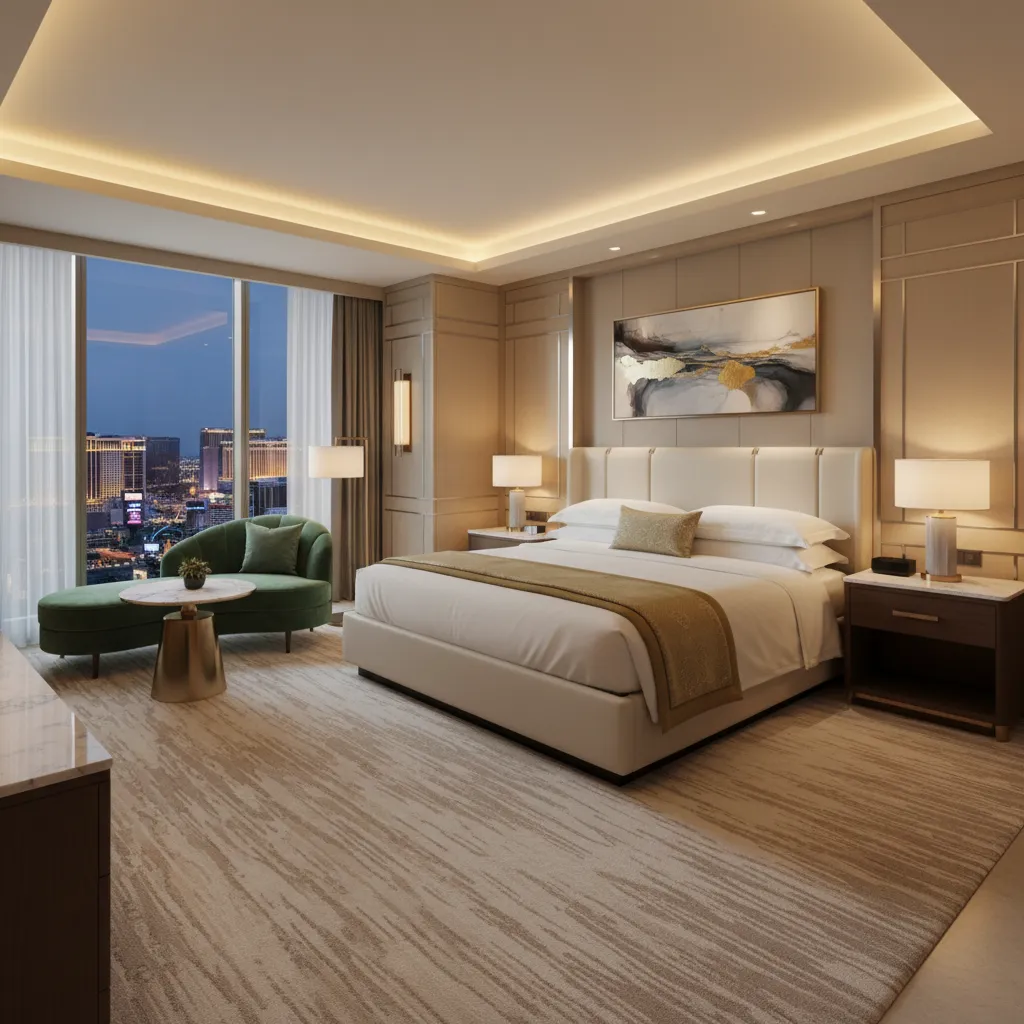 interior overview of a deluxe king suite style hotel room with king bed and seating area