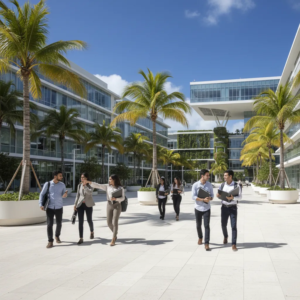 Campus universitario moderno en Miami con estudiantes de diseño