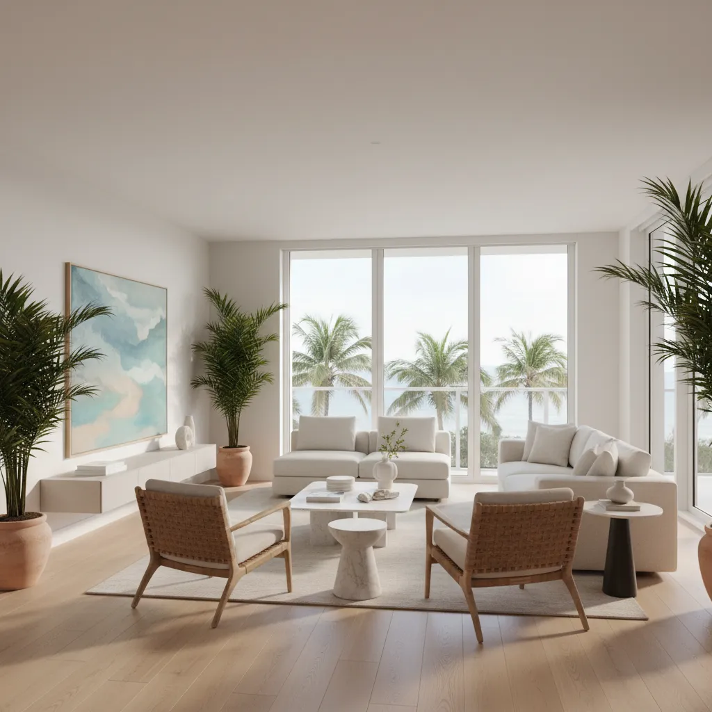 Diseño de sala moderna con ventanales grandes y estilo costero en Miami