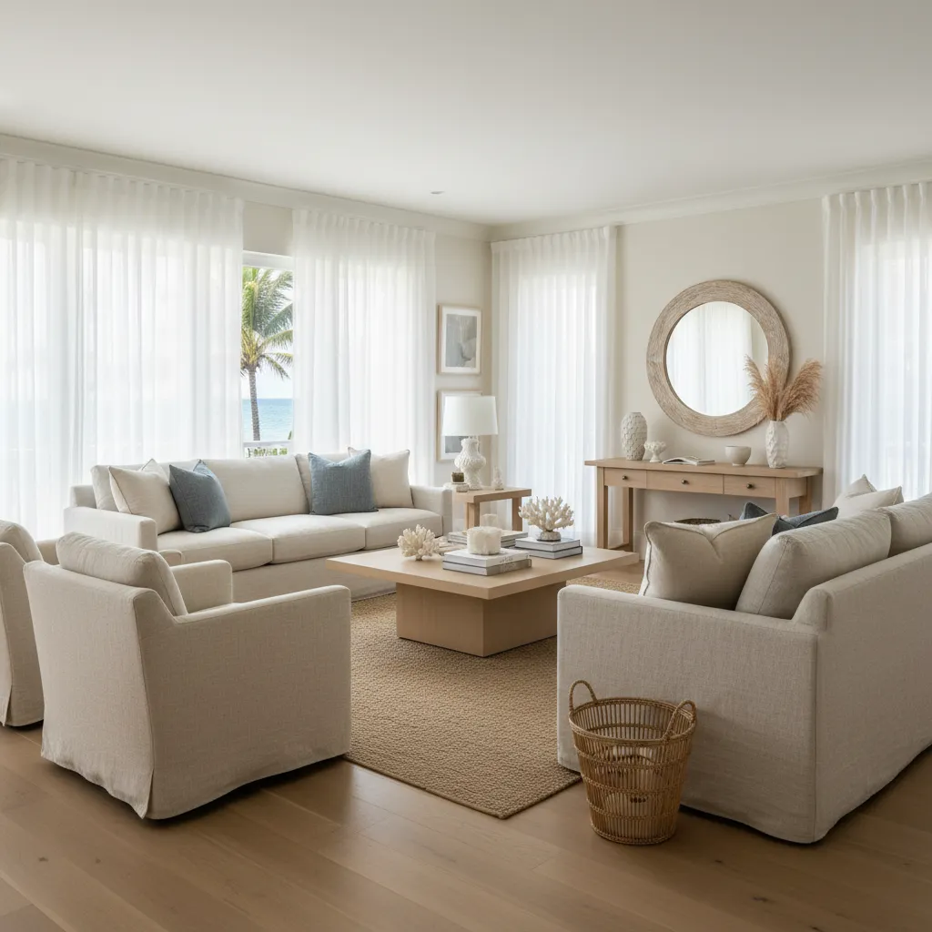 Interior estilo coastal moderno con colores claros y materiales naturales