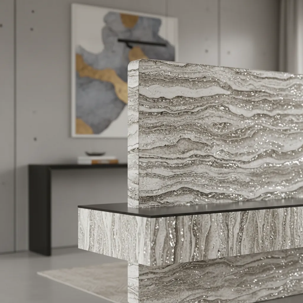 Close view of mica decorative furniture surface showing layered mineral texture