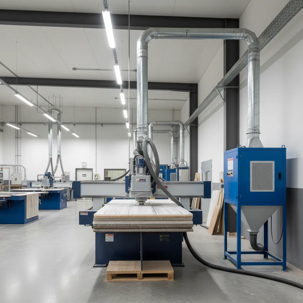 Industrial dust extraction system connected to mica cutting station in workshop