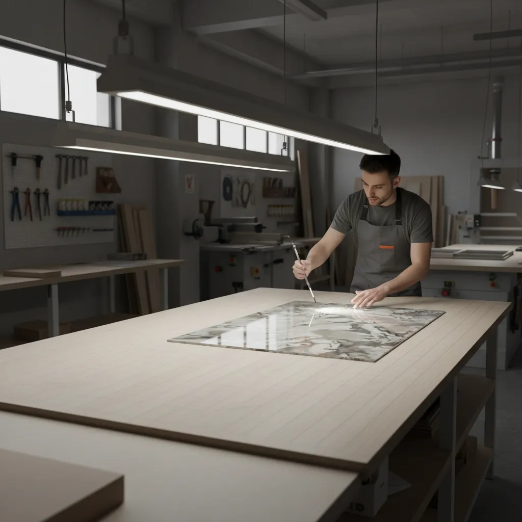 Furniture manufacturer inspecting mica decorative panel under angled lighting