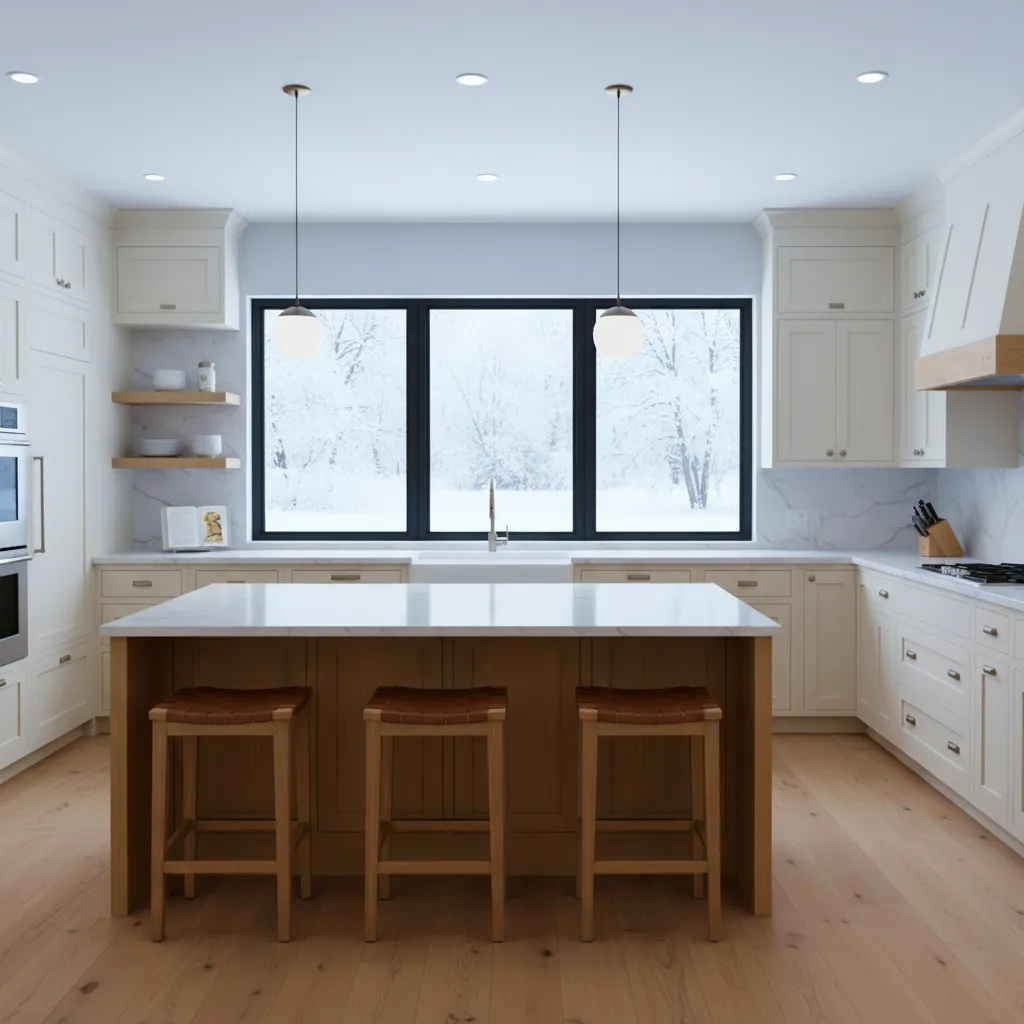 Bright Michigan style kitchen with mixed countertop materials