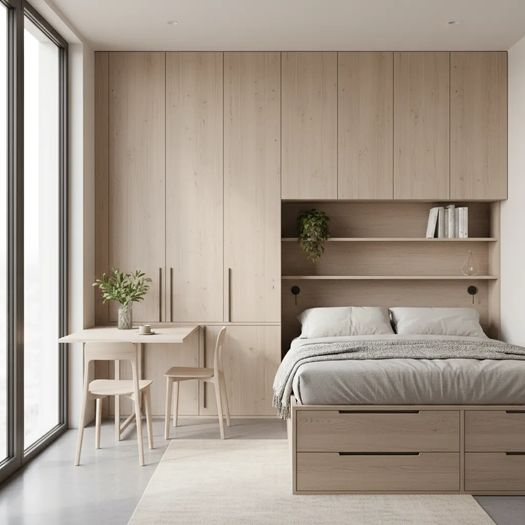 micro apartment interior with multifunctional furniture and storage walls