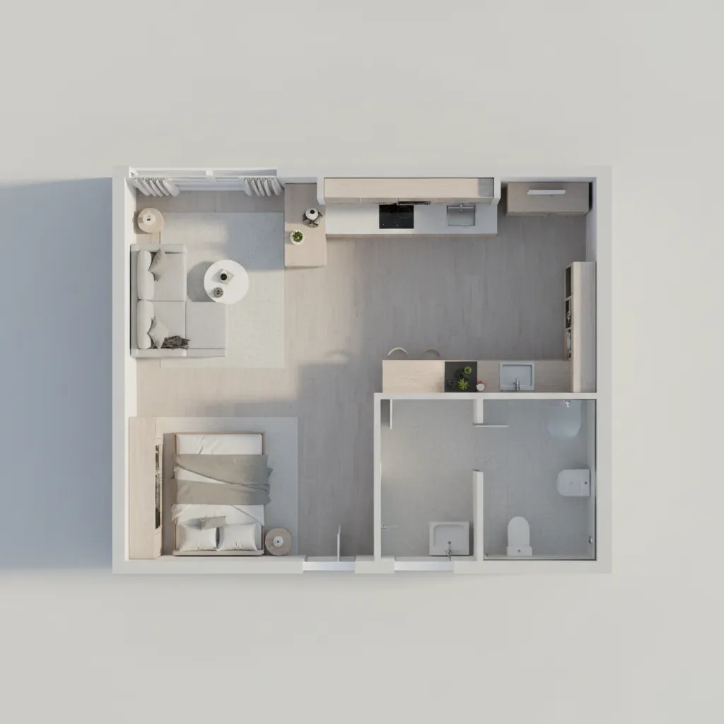 architectural 3D floor plan showing circulation and furniture placement in a micro apartment